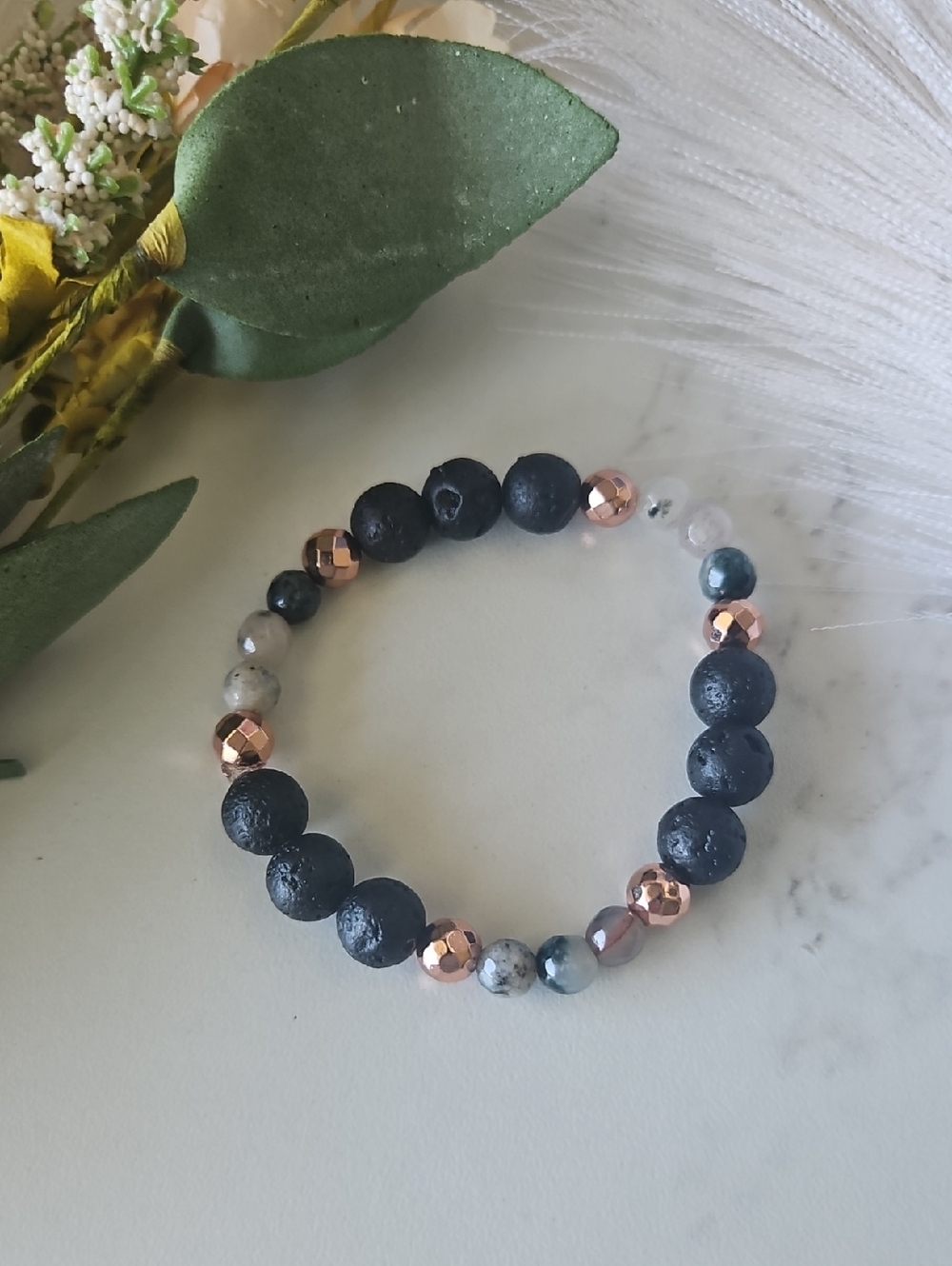 Lava Stone & Rose Gold Accent Stretch Bracelet - Black and Rose Gold